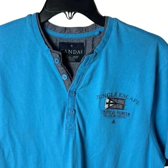 CANDA men medium cotton  shirt, turquoise , contrast trim , patch added, coastal - Picture 2 of 10